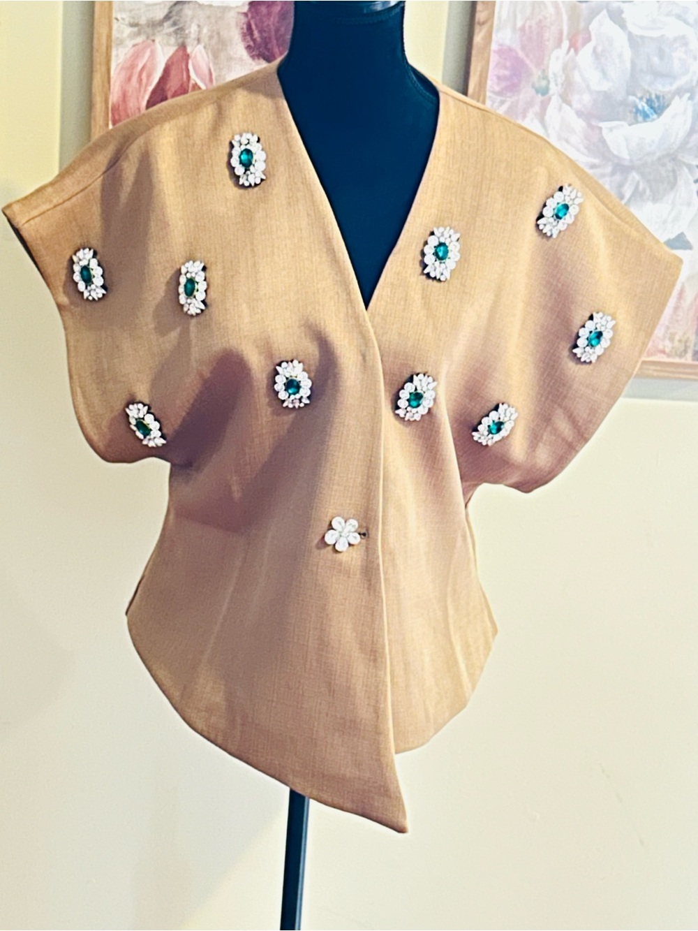 Beige Embellished Floral Button Top